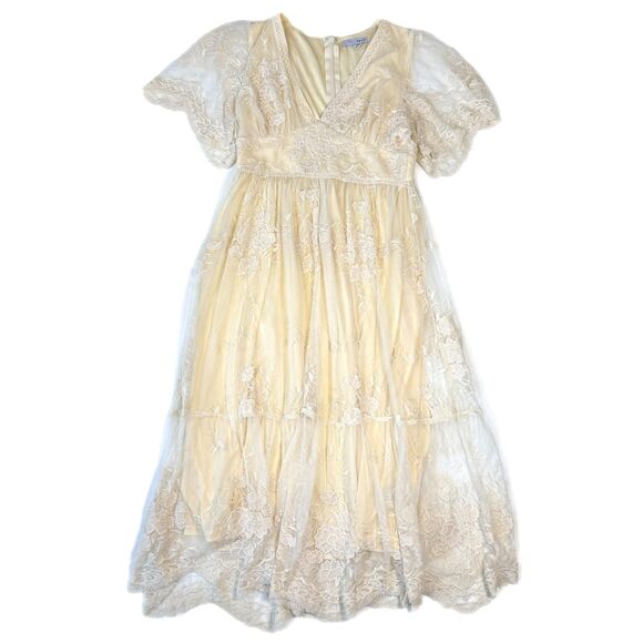 Baltic Born Cream Floral Mesh Lace Midi Maxi  Dress V-Neck Boho Wedding Guest XL - Picture 7 of 16